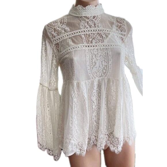 Altard State Crochet Lace Bell Sleeve Lined Top Ivory Sheer Boho Festival Large - Picture 1 of 16